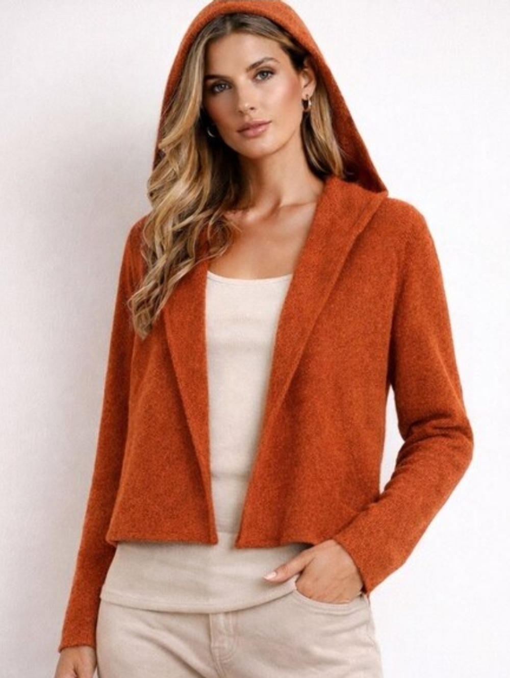Eileen Fisher Hooded Open Front Cardigan Heather Orange Size Large